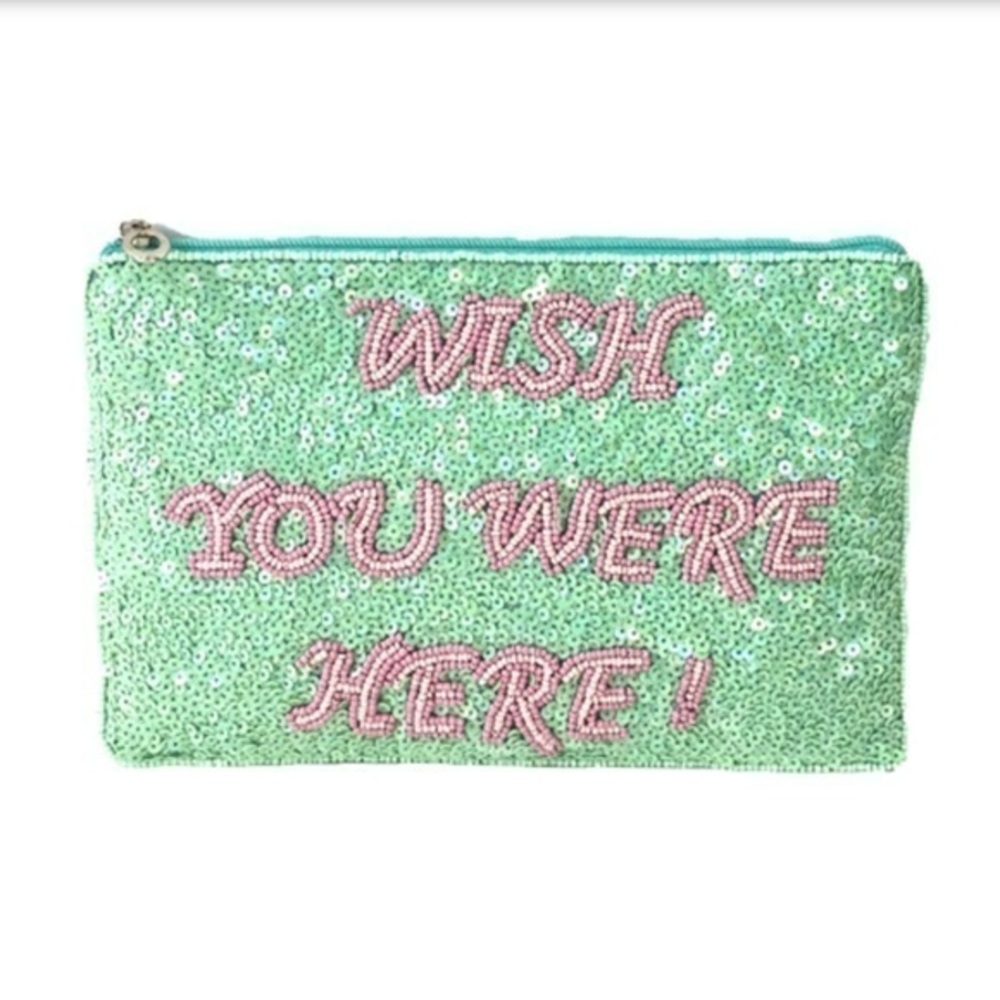 From St Xavier Wish You Were Here Sequin Convertible Clutch Mint/Pink NWT